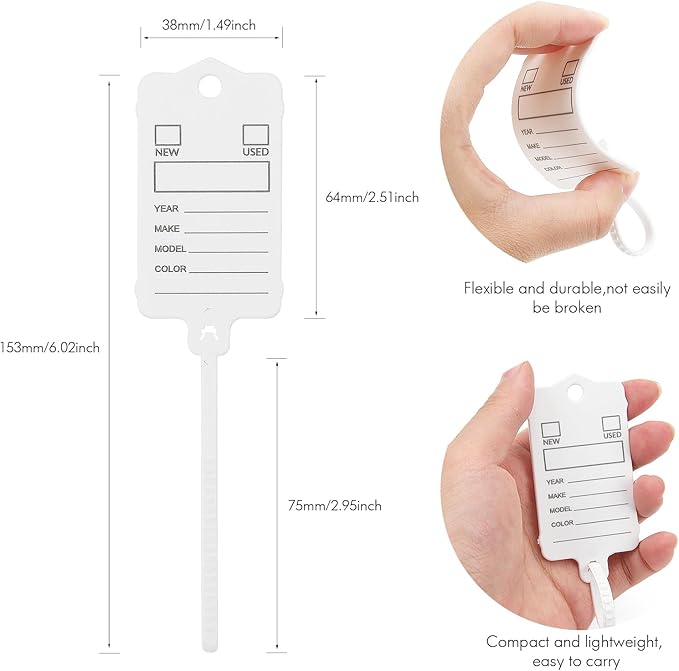 50 Car Key Tags with Labels Plastic Car Dealership Key Tags Self Locking Automotive Identifiers Blank Shop Labels with One Pen (White)