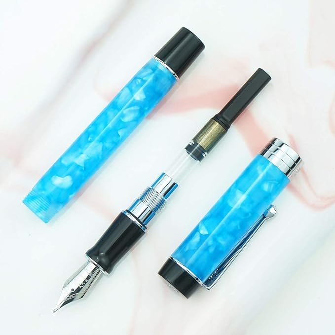 Jinhao 100 Fountain Pen Celluloid Classic Style, #6 Nib Smooth Writing Instrument with Refillable Converter and Pen Case Set