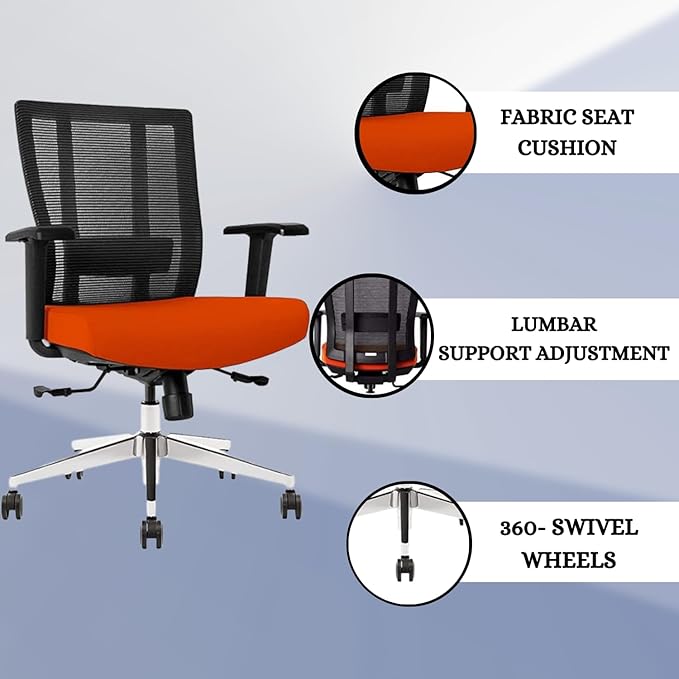 Ergonomic Office Chair - Breathable Mesh Back with Adjustable Lumbar Support, 3D Armrests, Tilt Function, and 360° Swivel Wheels - Perfect for Home Office or Conference Room - Stylish Tangerine Design