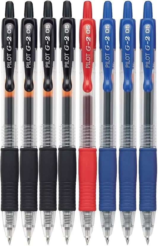 G2 Retractable Premium Gel Ink Roller Ball Pens Extra Fine Point (.5mm) Black/Blue/Red Ink 8 pack; Refillable & Premium Comfort Grip Bundle with Plastic Reusable Pouch