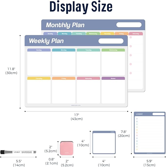 Loukin Dry Erase Calendar 4 Pack(Monthly+Weekly+Checklist+Mini Note), Electrostatic Adsorption Whiteboard Planners, Reusable Schedule for Office, Classroom, Refrigerator, 6Markers & 1Eraser Included