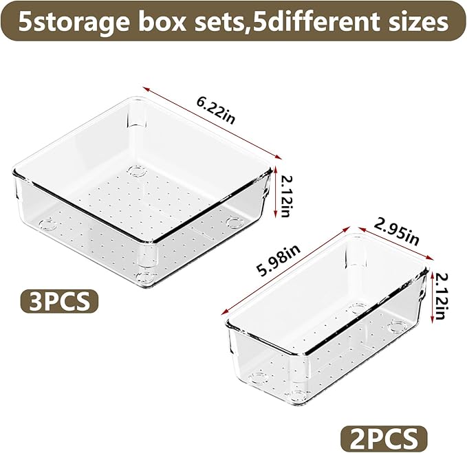 5 PCS Clear Plastic Drawer Organizer Set, 2 Sizes Acrylic Drawer Storage Trays Non Slip Storage Bins for Makeup, Jewelry, Gadgets for Kitchen, Bedroom, Bathroom, Office