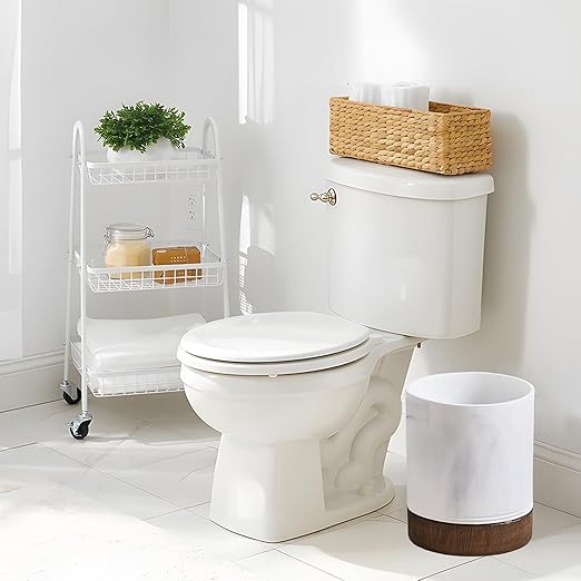 Polytree White Marble and Brown Wood Round Wastebasket, Resin Small Round Bathroom Trash Can 2.5 Gal(9 Liter) Small Kitchen Garbage Can,Living Room Bedroom Trash Can, Decor Wastebasket for Home Office