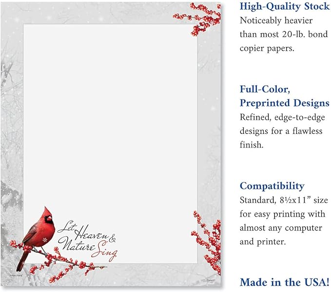 Winterberry Cardinal Christmas Stationery - Holiday Letters, Printer Paper, 25 Sheets, 8½ x 11 Inch, by Current