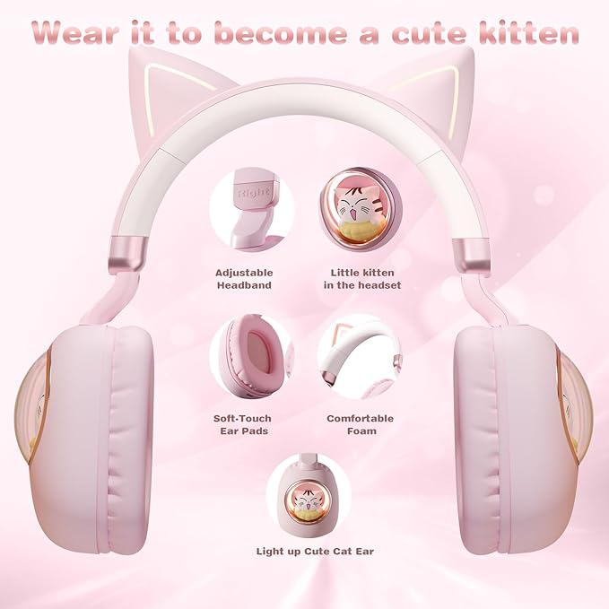 Pink Cat Ear Headphones for Kids, Cute Children Girl Wireless Bluetooth Headphones for School, Kindergarten Light up Kawaii Kitty Noise Cancelling Headphones for Kids Teens Child Airplane