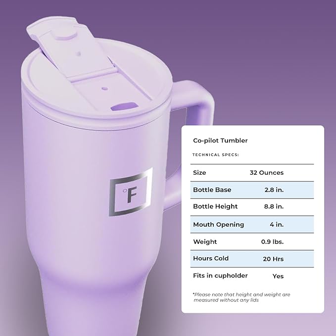 IRON °FLASK Co-Pilot Insulated Mug w/Straw & Flip Cap Lids - Cup Holder Bottle for Hot, Cold Drink - Leak-Proof - Water, Coffee Portable Travel Mug - Lavender, 32 Oz