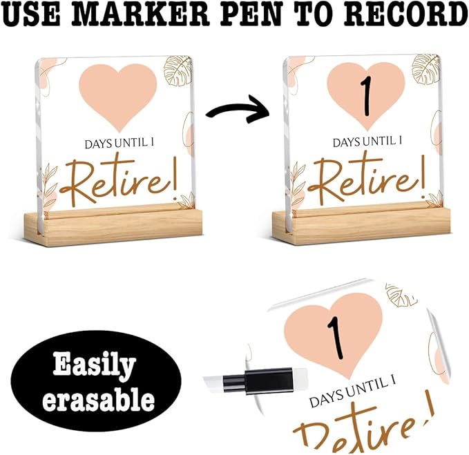 Retirement Countdown Sign,Retirement Plaque Funny Novelty Gift Wipeable for Grandma Grandpa Acrylic Decor Sign with Wood Stand 4 X 4 Inch