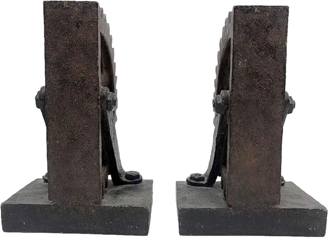 Comfy Hour Farmhouse Collection Resin Set of 2, Wheel Gear Art Bookends, Solid Heavy Weight, Brown & Black