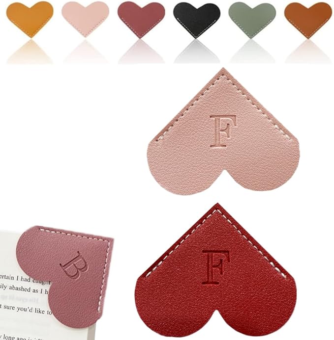 Personalized Leather Heart Bookmark, 26 Letters Customized Corner Book Mark for Reading Women, Book Marker with Initials，Cute Gifts (Red+Light Pink, F)