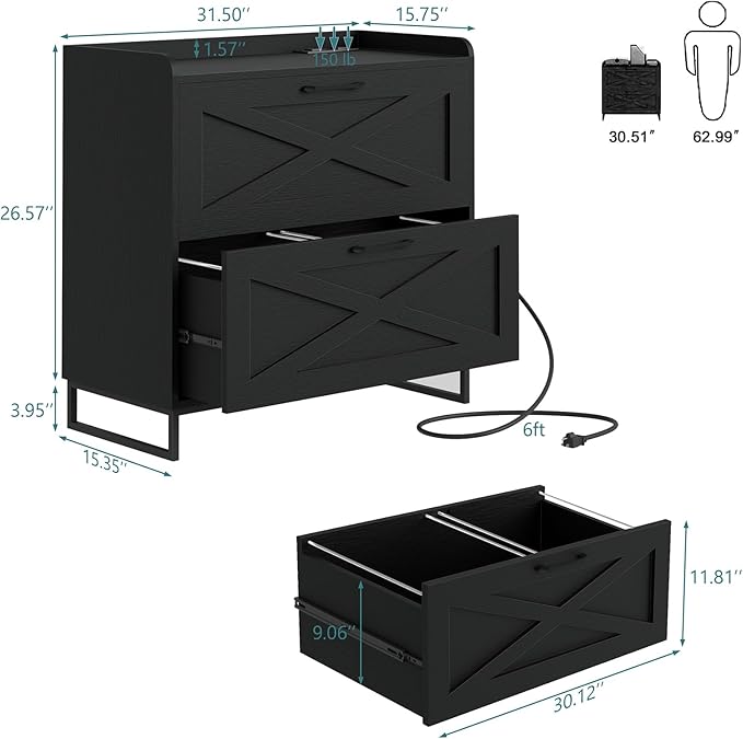 Lateral File Cabinet 2 Drawer File Cabinet with Charging Station for Legal/Letter/A4 Size Hanging Files, Modern Farmhouse Large Wood File Storage Cabinet Printer Stand for Home Office Furniture(Black)