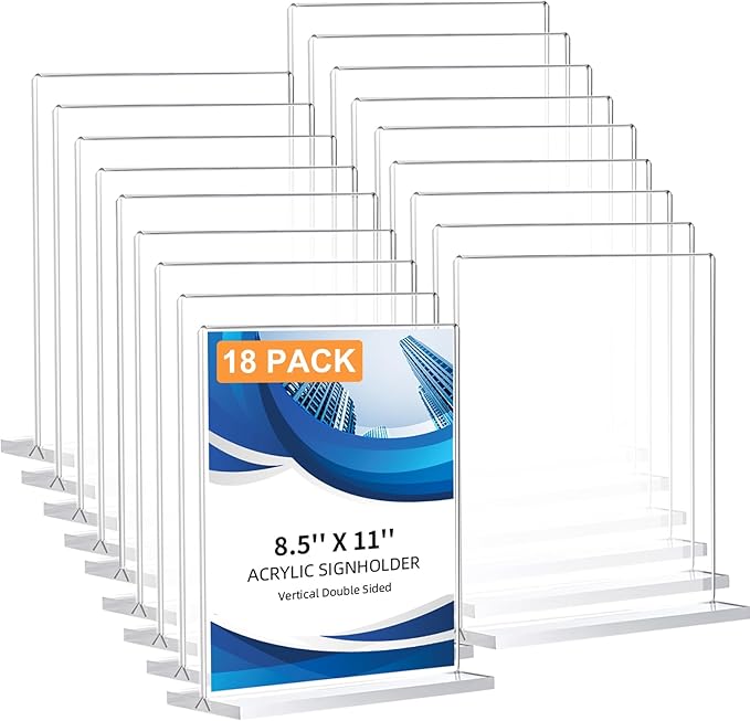 18 Pack Acrylic Sign Holder 8.5 x 11, Double-Sided Clear Sign Holder Plastic Stands for Display, T Shape Acrylic Table Sign Stands for Office Store Restaurants Wedding Party Decoration