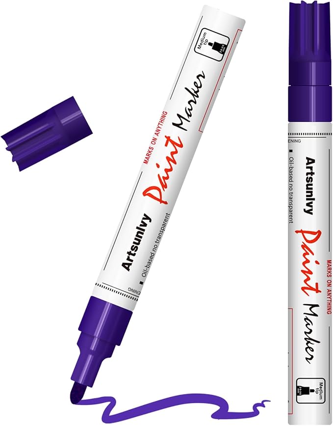 Purple Paint Pens Permanent Markers - 2 Pack Paint Markers for Metal, Rubber,Wood, Rocks, Canvas, Plastic, Dark Surface, Craft Art Supplies, Medium Tip, Quick Dry, Waterproof