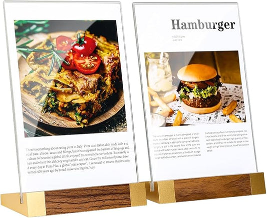 Acrylic Sign Holder 5"x7" Tabletop Display Clear Sign Board with Wood-Color Base, Vertical for Store/Coffee Shop/Restaurant Menu Hotel/Office Display Holder, 2 Pack