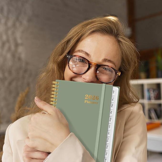 2026 Planner - Weekly and Monthly Calendar Planner from Jan 2026 - Dec 2026, Planner 2026 Spiral Bound with 12 Monthly Tabs, Inner Pocket, Perfect for School Office Supplies, 6.4" x 8.5", Green