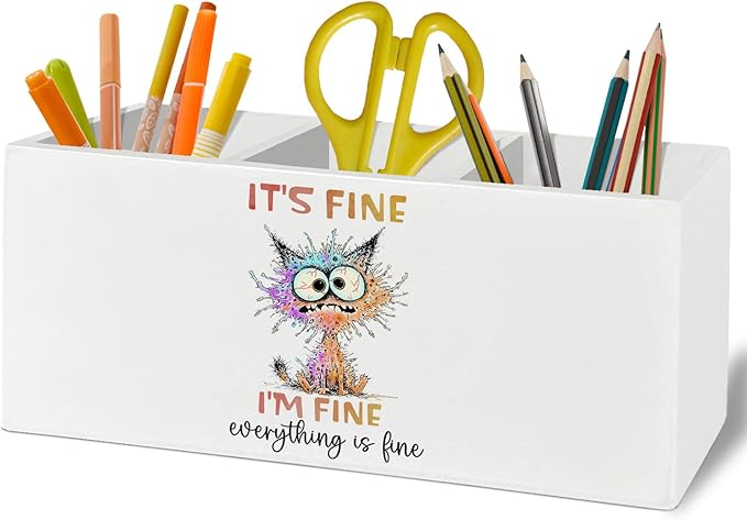Funny Cat Pen Pencil Holder Organizer for Desk Accessories, It's Fine Everything Is Fine Wooden Box Sign Desk Decor for Home Office Decoration, Funny Cat Mom Lovers Gifts