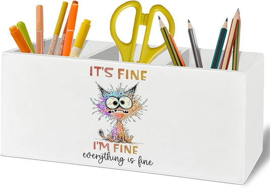 Funny Cat Pen Pencil Holder Organizer for Desk Accessories, It's Fine Everything Is Fine Wooden Box Sign Desk Decor for Home Office Decoration, Funny Cat Mom Lovers Gifts