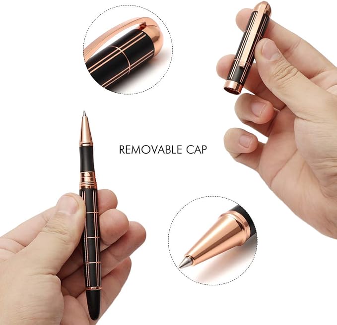 Rose Gold Gel Ink Rollerball Pen-Geometric Stripe Style Copper Grip Metal Pens in Gift Box with 1 Extra Refill,Christmas gift for Women &Men (Black Ink, 0.7mm Fine Point)