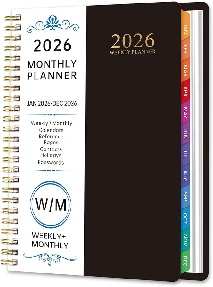 2026 Planner Weekly and Monthly, 2026 Academic Year (January 2026 - December 2026) Calendar wirh Tabs, Agenda Book for School Student, Teachers, Office Supplies,Home, 6" x 8.5" (Black JAN2026-DEC2026)