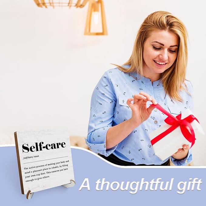 Self Care Definition Wood Sign Desk Decor Motivational Mental Health Rustic Office Cubicle Decor Inspirational Quotes Plaque with Wooden Stand Therapist Office Desk Accessories for Home Table Shelf