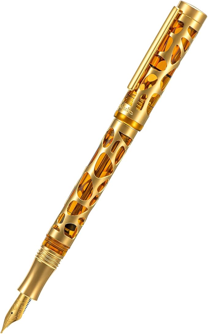 Asvine V169 Vacuum Filling Fountain Pen Extra Fine Nib, Water Drop Skeleton Gold Trim Transparent Coffee Acrylic Pen Case Set