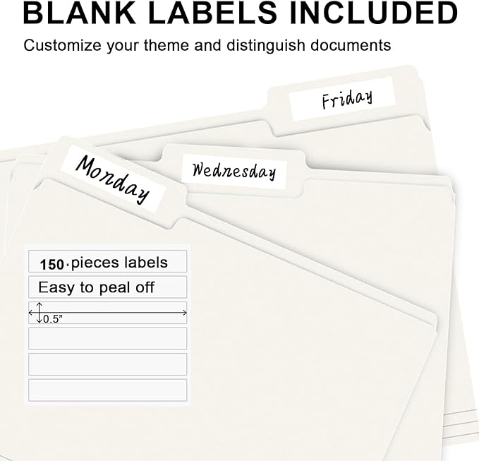 File Folder, RAZCC 150 Pack 1/3 Cut Tab File Folders Letter Size, Folders for Dcouments, Folders with Tab Great for Organizing and Easy File Storage, White