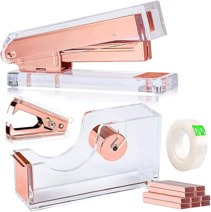 Acrylic Rose Gold Tape Dispenser Desktop Stapler, Acrylic Office Supplies Includes Staple Remover, Tape, 1000pcs Staples Desk Accessory Kit, Modern Clear Stationery Kit for Everyday Office Needs