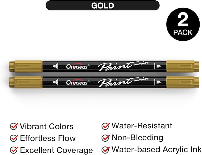 Overseas Gold Acrylic Paint Markers, 2 Pack Dual Tip Paint Pens Acrylic Markers with Dot and Brush Tip, Coloring Marker for Wood, Rock, Canvas, Glass, Metal, Ceramic, Plastic, Fabric, School Supplies