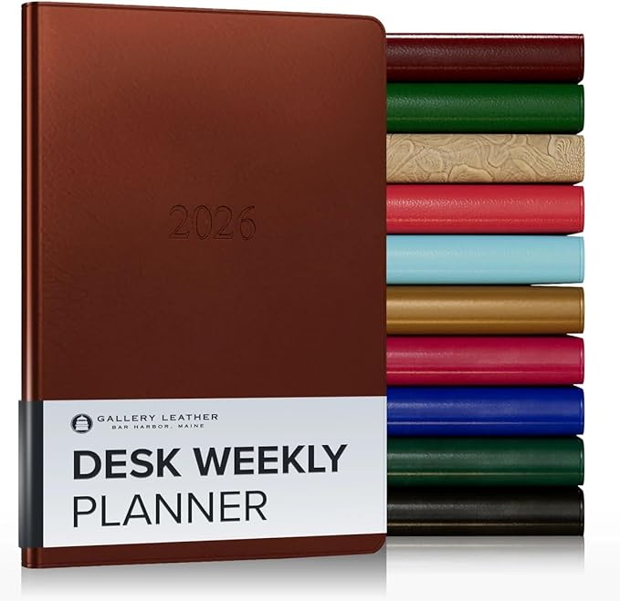 Gallery Leather Desk Weekly Monthly Planner 2025-2026, Elegantly Bound Calendar Planner and Notebook with Stylish Gold-Gilded Page Edges, 12 Months - Freeport Metallic Copper - 8 x 5.5 "