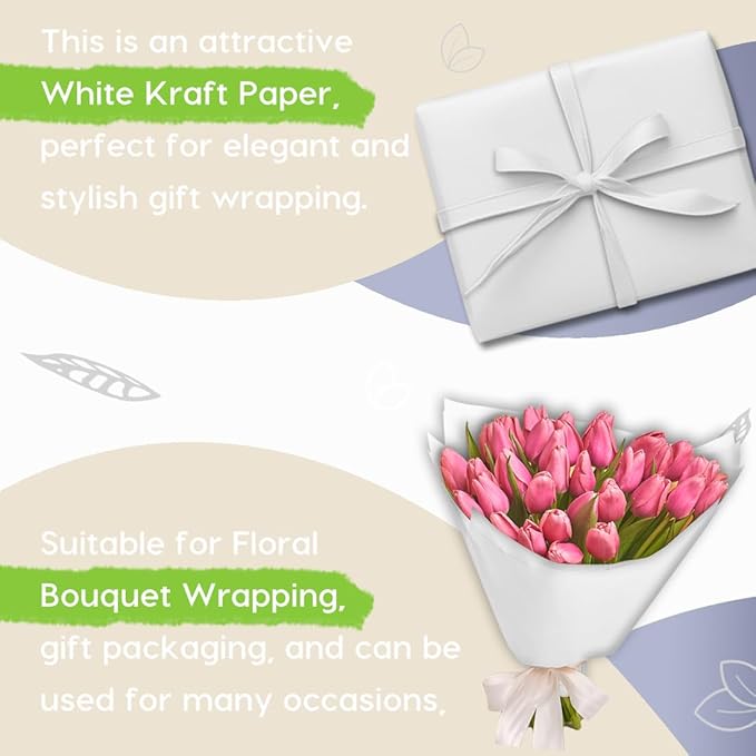 PerkHomy 36" x 2,400" (200') White Kraft Paper Roll for Craft Bulletin Board Paper Art Table Covering Crafting Gift Wrapping Bouquet Packing Parcel 80GSM 55LB (White, 36" x 200')