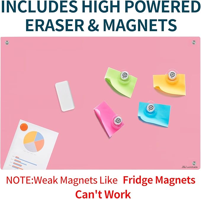 Magnetic Whiteboard, Pink Dry Erase Board 3' x 2', Tempered Glass White Board Frameless, Home School Supplies or Home Office Decor with Magnets, Markers, Eraser, Marker Tray