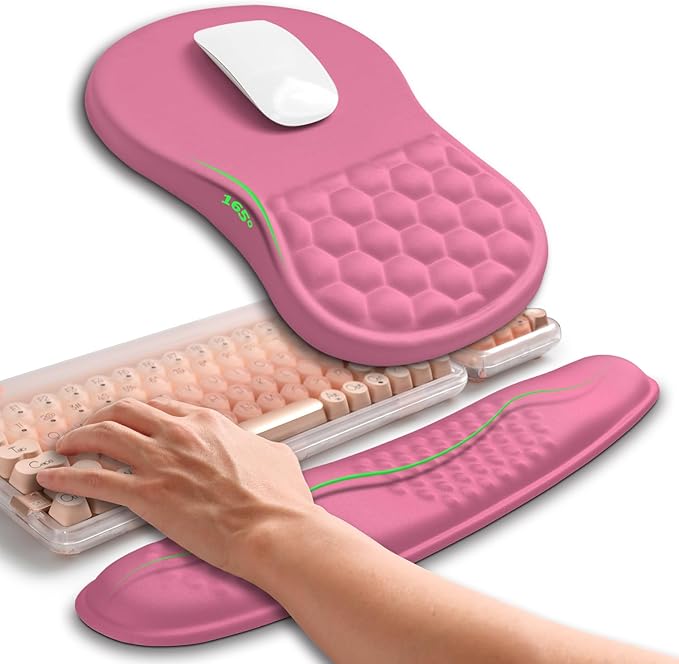 Hokafenle 2in1 Combination, Wave Keyboard Wrist Rest and Ergonomic Curvature Mouse Pad Wrist Support for Relieve Wrist Pain, Filled with Soft Cushion Memory Foam, Tough Guy Pink