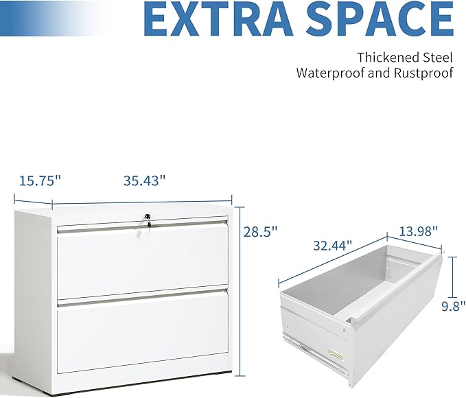 File Cabinets 2 Drawer, Metal Office Storage Filing Cabinet with Lock, White Lateral Filing Cabinet for Home Office,Horizontal Two Drawer File Cabinets for Legal/Letter,Assembly Require,White