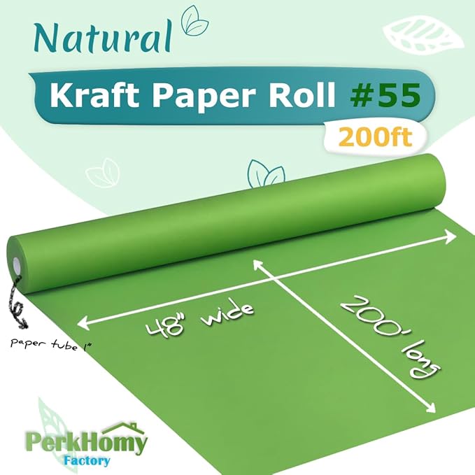 PerkHomy 48" x 2,400" (200') Medium Green Kraft Paper Roll for Craft Bulletin Board Paper Art Table Covering Crafting Gift Wrapping Bouquet Packing Parcel 80GSM 55LB (Medium Green, 48" x 200')