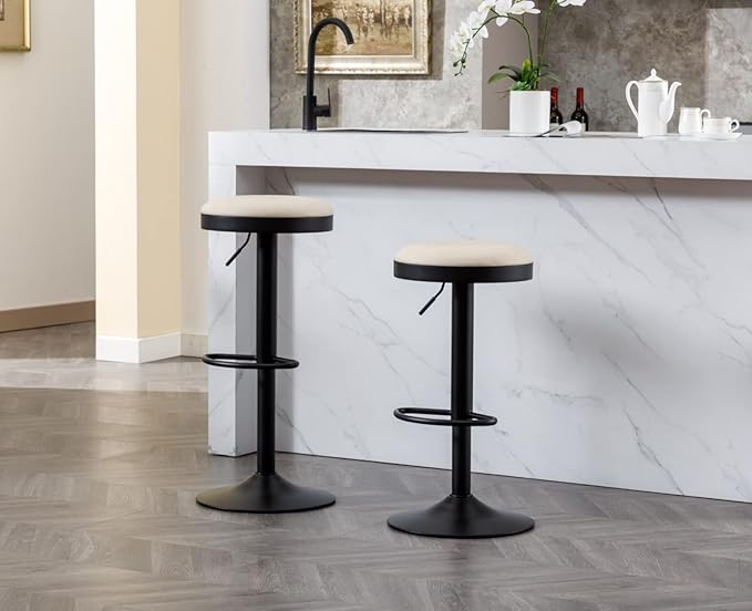 Round Swivel Counter Height Bar Stools Set of 1 Modern Adjustable Barstools Backless PU Leather Bar Chairs Industrial Island Chairs with Metal Base/Footrest for Kitchen Island/Pub, Beige