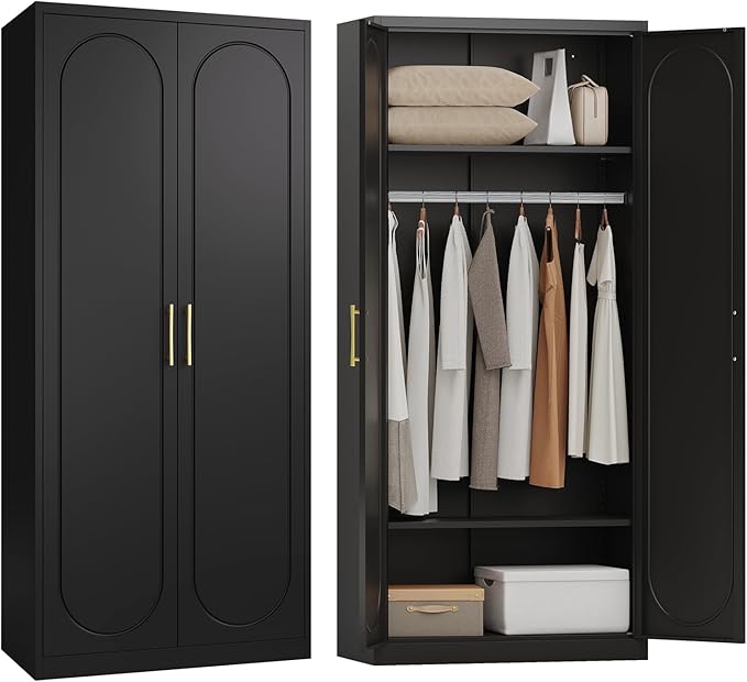 Metal Armoire Wardrobe Closet with Doors and Shelves, 71" Tall Wardrobe Closet with Hanging Rod, Freestanding Clothes Cabinets, Large Wardrobes for Bedroom, Black, Assembly Required