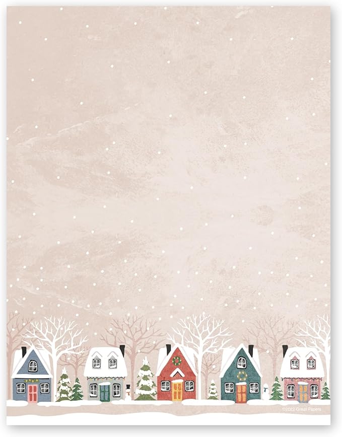Snowy Village Holiday Letterhead / 50 Sheets / 8.5" x 11" Festive Winter Wonderland Neighborhood Holiday Paper/Decorative Snow Houses Christmas Stationery