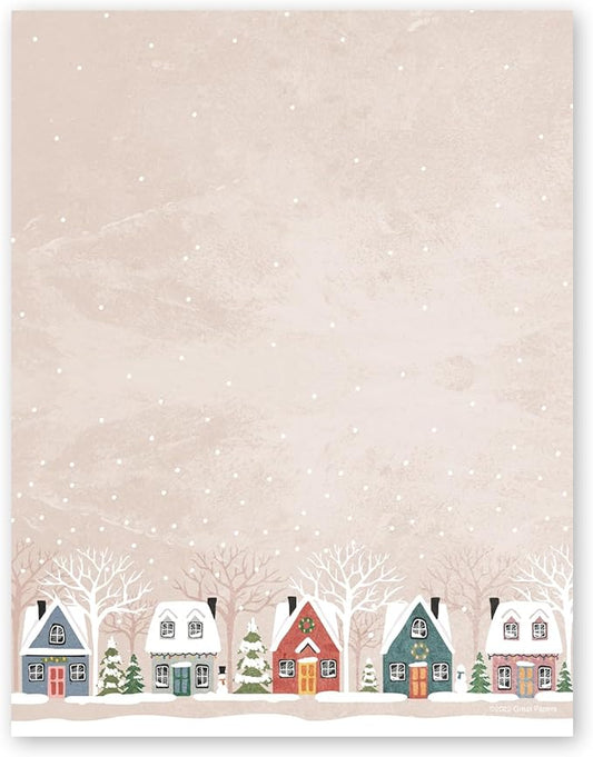 Snowy Village Holiday Letterhead / 50 Sheets / 8.5" x 11" Festive Winter Wonderland Neighborhood Holiday Paper/Decorative Snow Houses Christmas Stationery