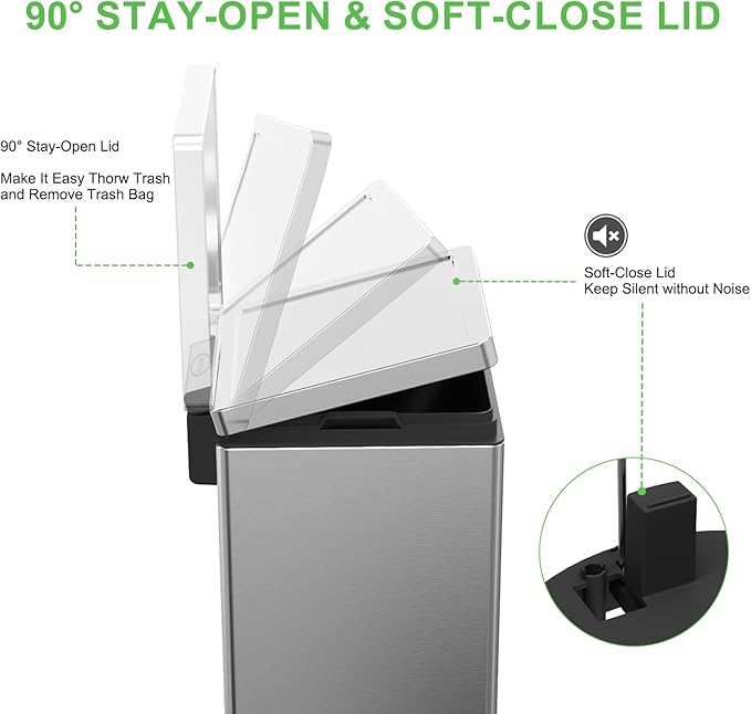 Trash Can with Lid - 30 Liter/8 Gallon Square Stainless Steel Trash Can with Odor Protection Kitchen Garbage Cans with Soft-Close Foot Pedal Step Bin for Bathroom Home Office Silver