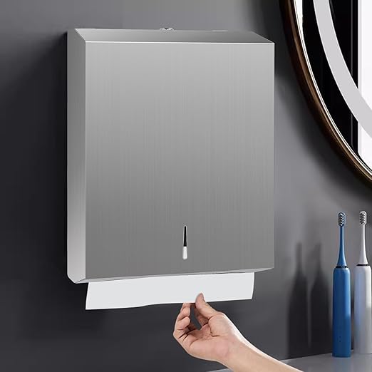 Paper Towel Dispenser Wall Mount, Brushed Stainless Steel Commercial Paper Towel Holder with Lock, Large Capacity 400 C Fold/525 Multifold Towels