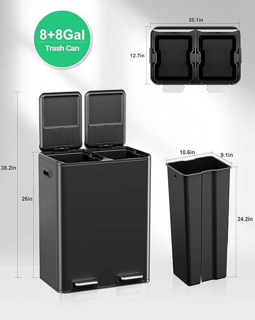 TLSUNNY Kitchen Dual Trash Can, 60L Hands-Free Stainless Steel Garbage Can, Classified Rubbish Bin with Double Compartments, Soft-Close Lid, Inner Bucket, Odor Control (60L) (Black)