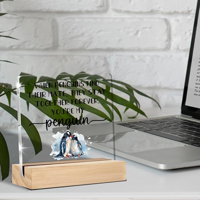 I Love You Gifts for Her Him Cute Penguin Gifts for Girlfriends Boyfriends Anniversary Sign Desk Decorative Signs Plaques 4 x 4 Inches acrylic