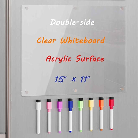 Acrylic Magnetic Dry Erase Board for Fridge, Clear Whiteboard for Refrigerator, Notepad Memo to Do/Grocery List White Board, w/ 8 Colors Markers, 15"x11"