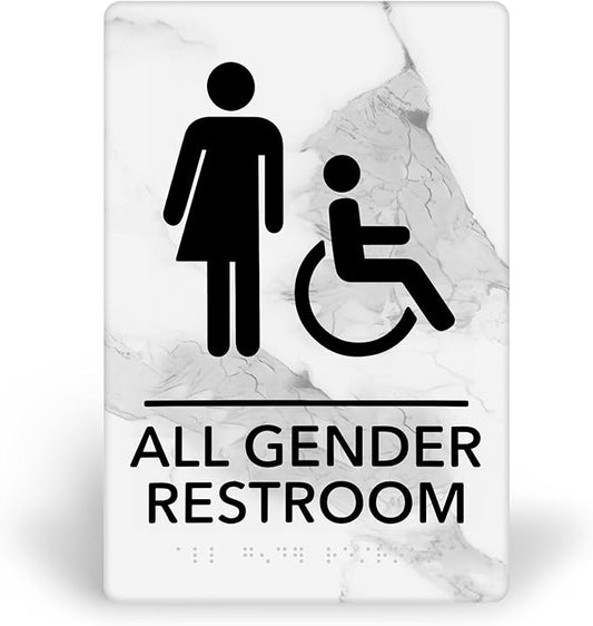 Promot All Gender Handicap Bathroom Sign – ADA Braille Restroom Sign for Business, Self-Adhesive, 9" x 6", Commercial Door Signage, Office Wall Decor - Marble Quartz
