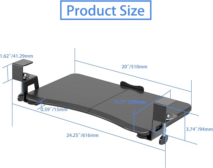 suptek Small Keyboard Tray Under Desk Pull Out with C Clamp Mount, Computer Keyboard & Mouse Tray, 20 (24.2 Including Clamps) x 11.8 inch Slide-Out Platform Computer Drawer for Typing, Black, DSF1S