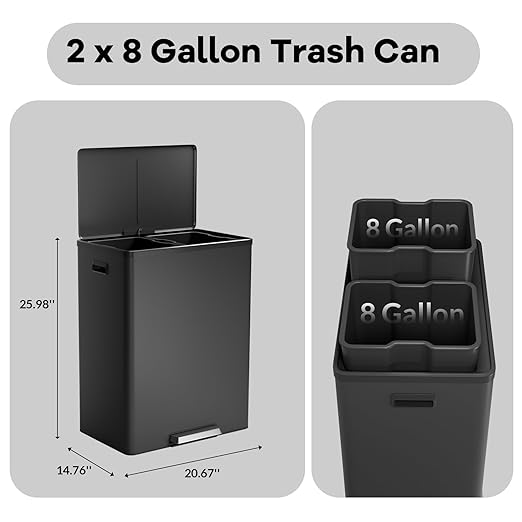 Dual Trash Can with Lid, 16 Gallon/60L Stainless Steel Recycling Trash Bin with 2 Removable Waste Buskets and Wide Pedal, Black Garbage Bin for Home Kitchen