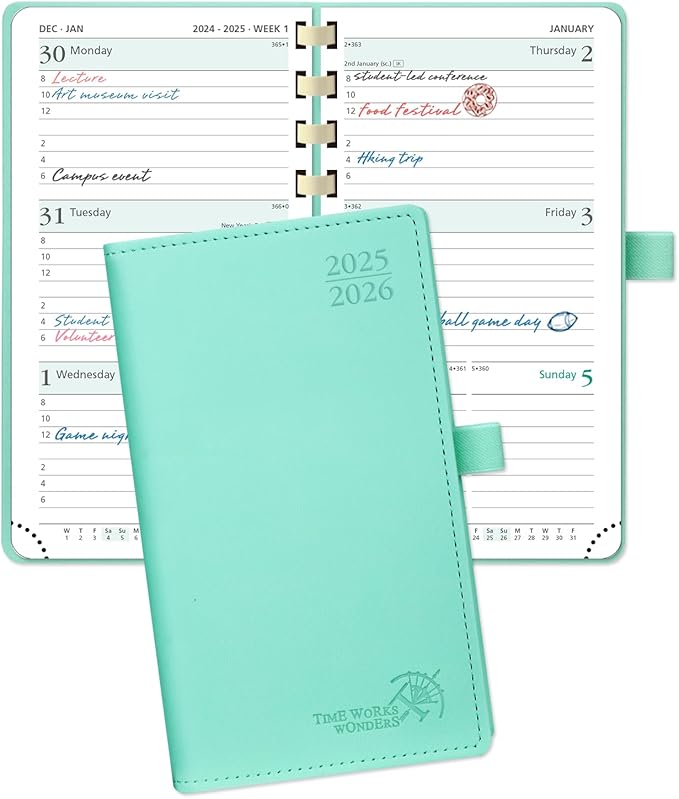POPRUN Pocket Planner 2025-2026 (Slim Size 3.5'' x 6.5'') Academic Purse Calendar (July 2025 - June 2026) with Hourly Time Slots, 100GSM Thick Paper, Spiral Soft Cover - Green