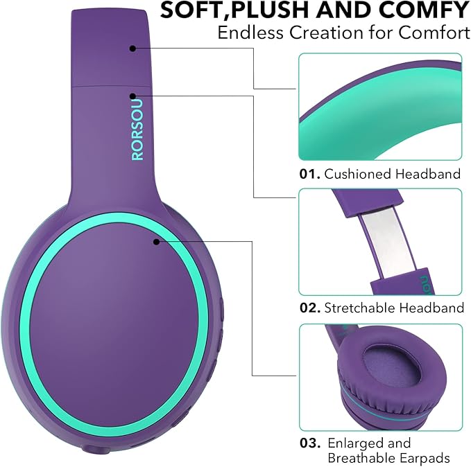 RORSOU B10 Bluetooth Headphones Over Ear, 2 EQ Music Modes(Normal/Bass) and 50H Playtime Wireless Headphones with Mic, Lightweight Folding HiFi Stereo Headset for iPad/Travel/Tablet/PC/Home (Purple)