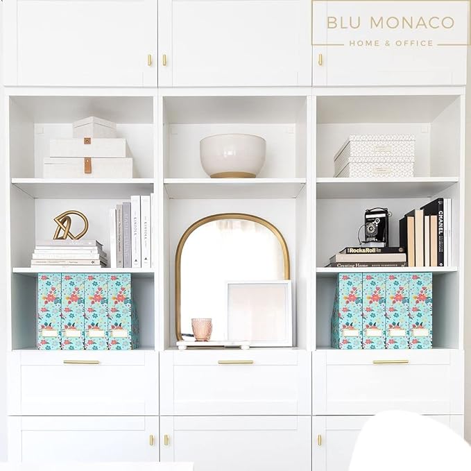 BLU MONACO Floral Magazine Holder, Set of 4 Foldable Magazine File Boxes, Aqua Floral Pattern with Gold Label Holder, Vertical Desk Organizer and Binder Holder