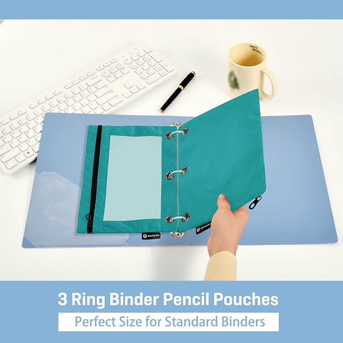 Gredecor Binder Pencil Pouch 3 Ring Dark Cyan Zipper Pencil Pouches Case 2 Pack Clear Binder Organizer for School Office