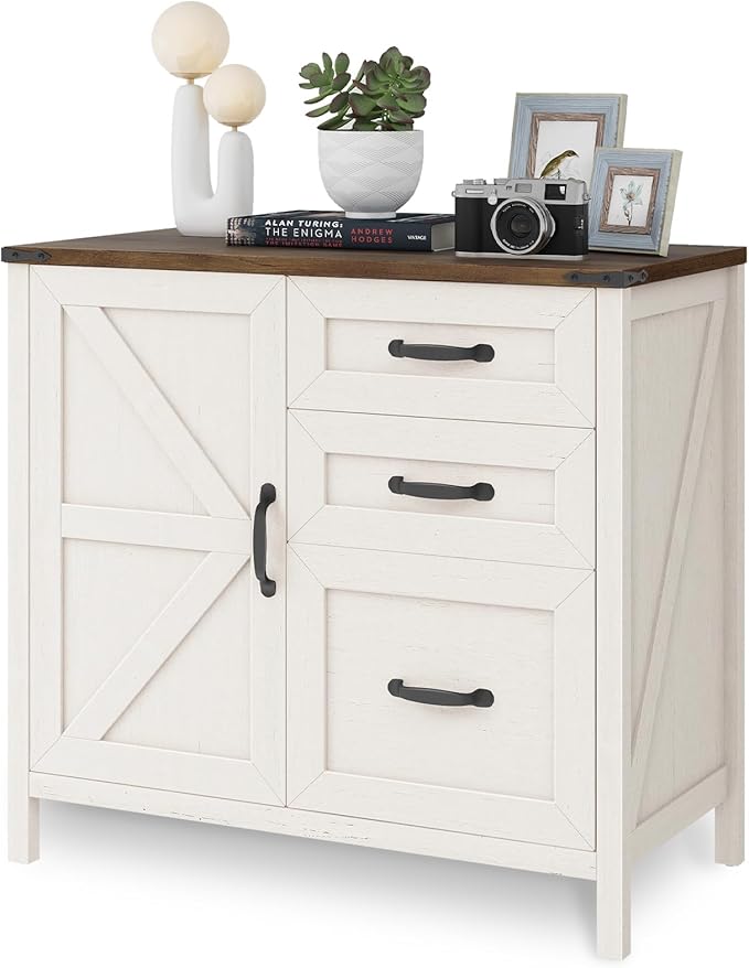 Lateral File Cabinet with 3 Drawers, Farmhouse File Cabinet for Letter/A4 Size Hanging Files, Large Wood File Storage Cabinets Printer Stand for Home Office Furniture, Rustic White